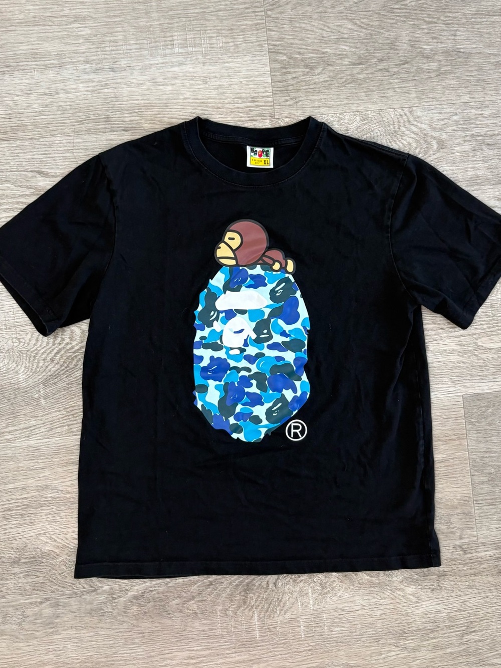 BAPE Black T-Shirt with Blue Camo Ape Logo Mens M